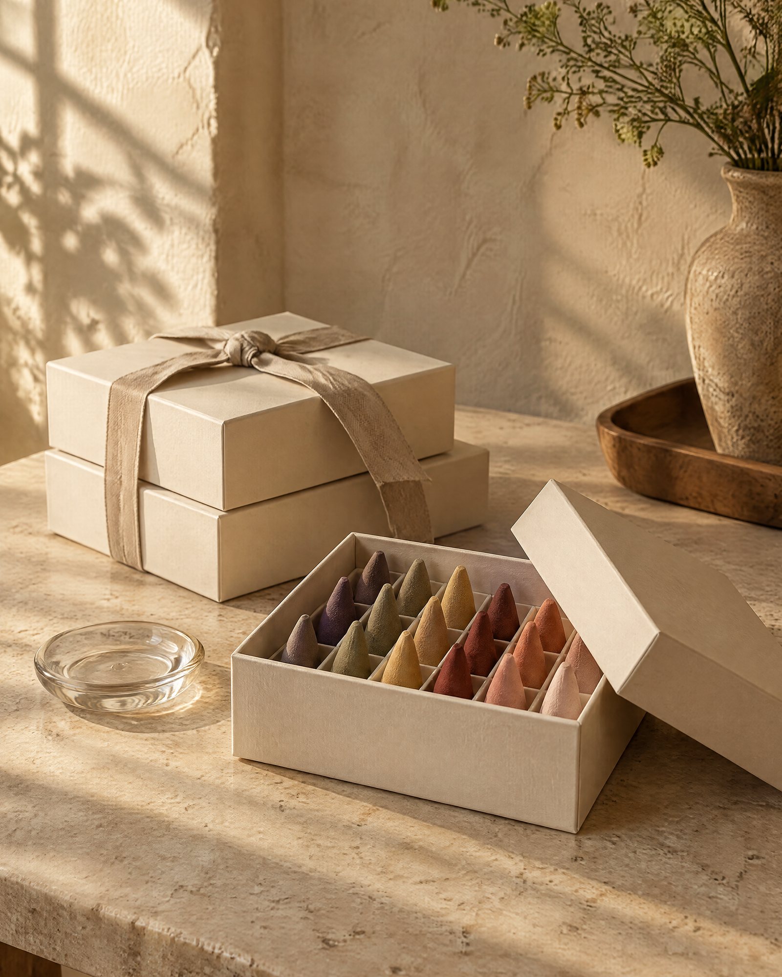 Plain bone gift boxes tied with linen ribbon, one open on incense cones